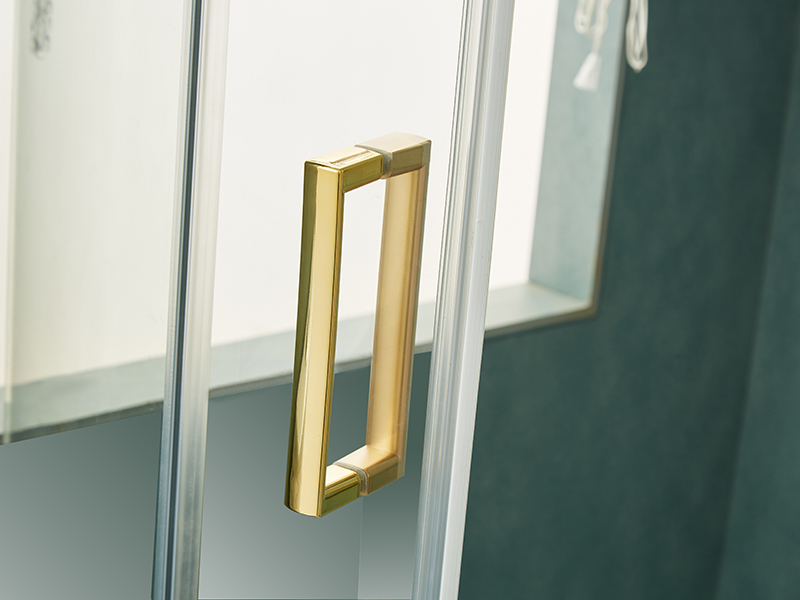 کابین دوش کشویی SE، شیشه شفاف، پروفیل آلومینیومی طلایی، دستگیره دو سوراخ، بدون سینی کابین دوش کشویی SE، شیشه شفاف، پروفیل آلومینیومی طلایی، دستگیره دو سوراخ، بدون سینی