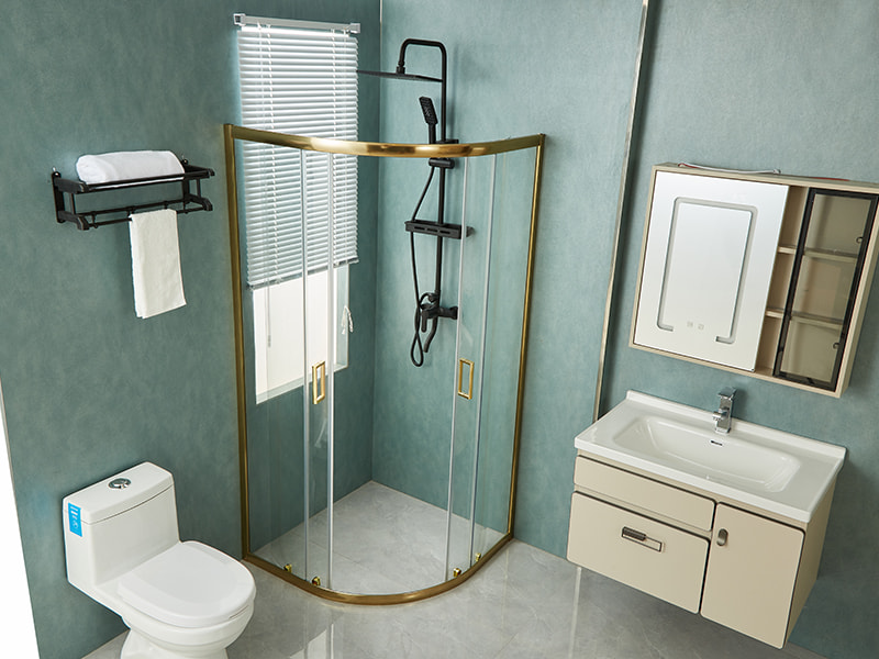 کابین دوش کشویی SE، شیشه شفاف، پروفیل آلومینیومی طلایی، دستگیره دو سوراخ، بدون سینی کابین دوش کشویی SE، شیشه شفاف، پروفیل آلومینیومی طلایی، دستگیره دو سوراخ، بدون سینی