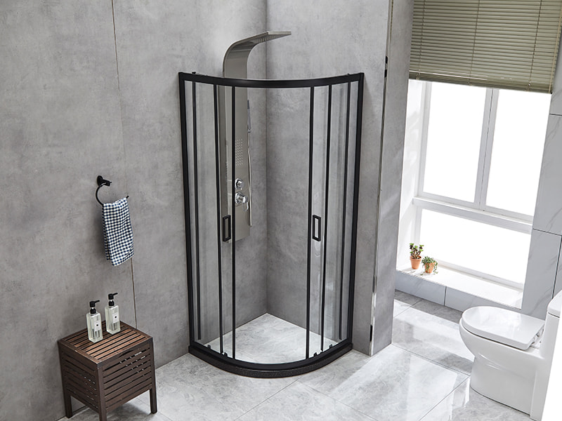 کابین دوش کشویی SE، شیشه شفاف، پروفیل آلومینیومی مشکی، دستگیره دو سوراخ، بدون سینی کابین دوش کشویی SE، شیشه شفاف، پروفیل آلومینیومی مشکی، دستگیره دو سوراخ، بدون سینی