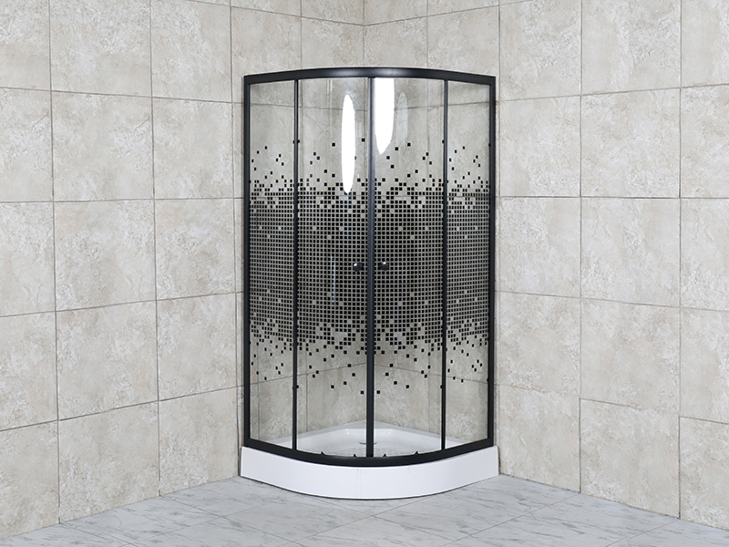 کابین دوش کشویی SE، شیشه شفاف با چاپ موزاییک، آلومینیوم رنگ مشکی، دستگیره دو سوراخ، با سینی
