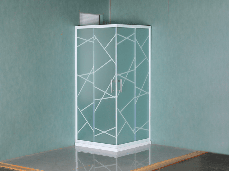 کابین دوش کشویی SQ، شیشه مات با چاپ، پروفیل آلومینیومی سفید، دستگیره دو سوراخ، با سینی