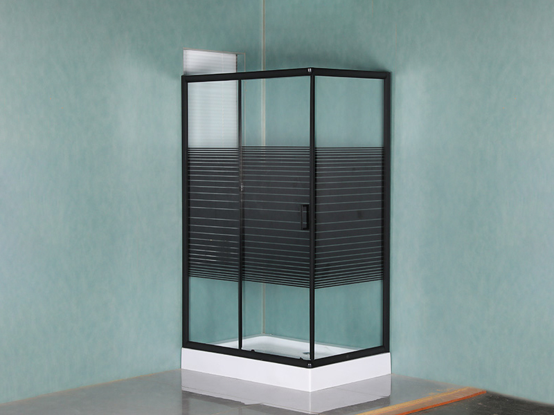 کابین دوش کشویی RE، شیشه شفاف با چاپ، پروفیل آلومینیومی مشکی، دستگیره دو سوراخ، با سینی